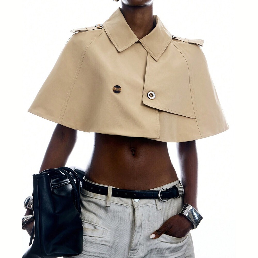 Tan Trench Collar Cropped Cape with Epaulettes